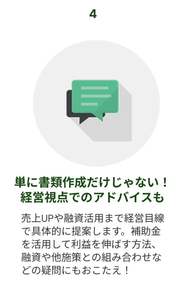 オプションサービス4　経営視点でのアドバイス。単に書類作成だけでなく、売上UPや融資活用まで経営目線で具体的に提案します。補助金を活用して利益を伸ばす方法、融資や他施策との組み合わせなどの疑問にもおこたえします
