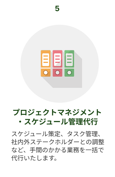 オプションサービス5　プロジェクトマネジメント・スケジュール管理代行：スケジュール策定、タスク管理、社内外ステークホルダーとの調整など、手間のかかる業務を一括で代行いたします