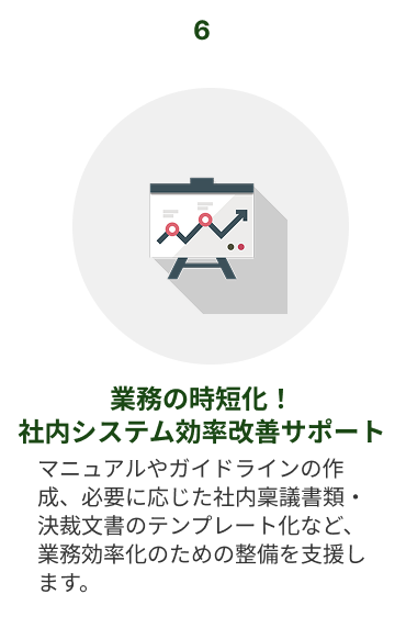 オプションサービス6　業務の時短化！社内システム効率改善サポート：マニュアルやガイドラインの作成、必要に応じた社内稟議書類・決裁文書のテンプレート化など、業務効率化のための整備を支援します