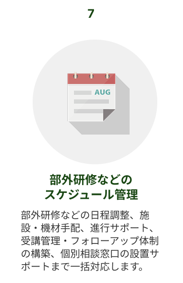 オプションサービス7　部外研修などのスケジュール管理：部外研修などの日程調整、施設・機材手配、進行サポート、受講管理・フォローアップ体制の構築、個別相談窓口の設置サポートまで一括対応します