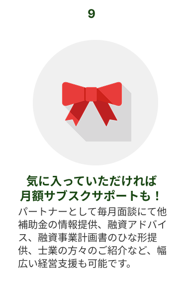 オプションサービス9　月額サブスクサポート：パートナーとして毎月面談にて他補助金の情報提供、融資アドバイス、融資事業計画書のひな形提供、士業の方々のご紹介など、幅広い経営支援も可能です